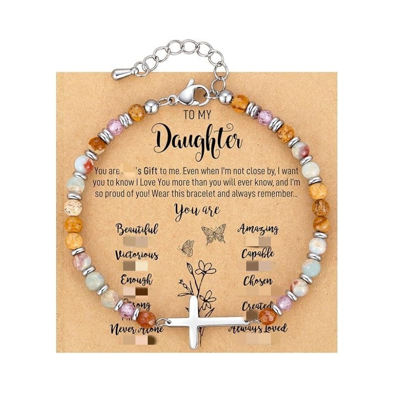 Women's Natural Stone Beaded Cross Lobster Buckle Adjustable Band Bracelet