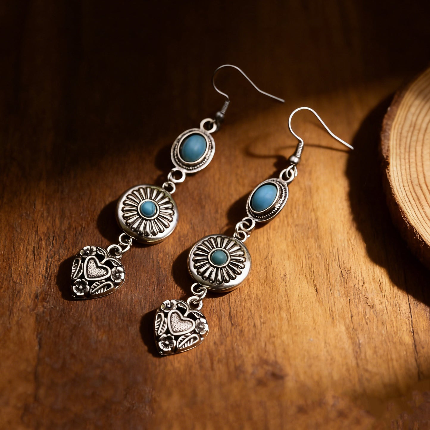 Bohemian Elegant Distressed Texture Flower Love With Turquoise Earrings