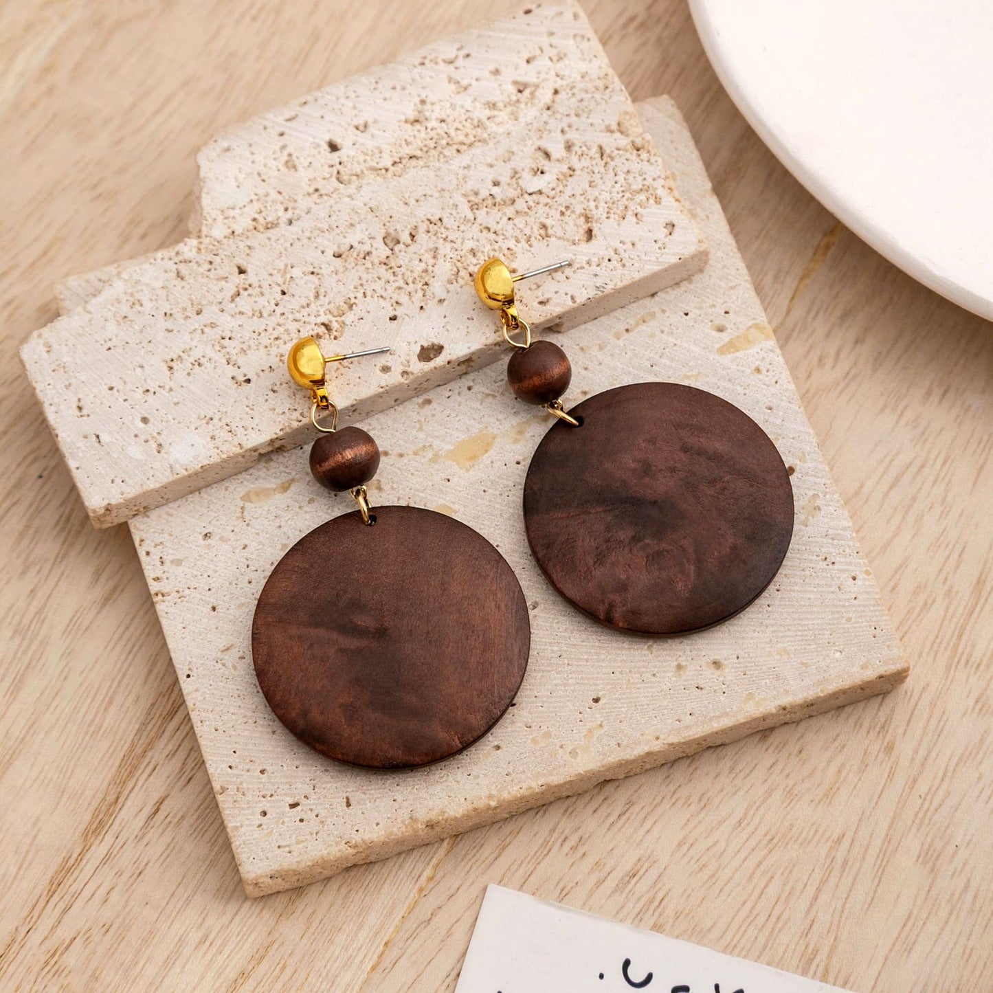 Women's Wooden Retro Simplicity Exaggeration Hollow Design Round Wood Earrings