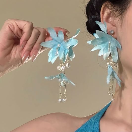 Women's Fairy Blue Flower Tassel Beautiful Seaside Vacation Style Design Sense Stud Earrings