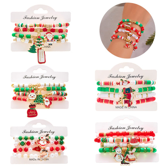 Festival Colorful Woven Santa Elk Polymer Clay Bracelets