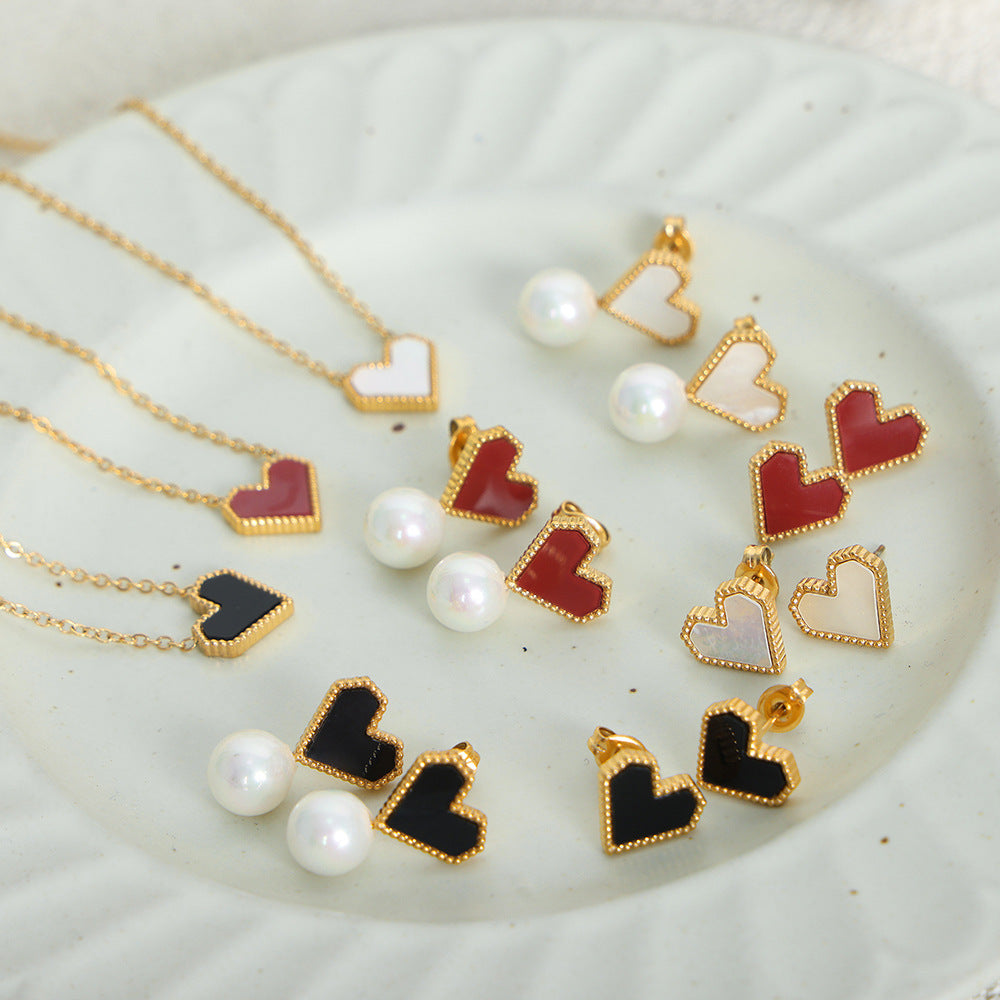 Women's Peach Heart Micro Glass Bead Titanium Steel Gold Earrings