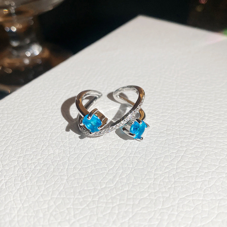 Blue Zircon Cross Open Daily Simple Commute Style Light Luxury Rings