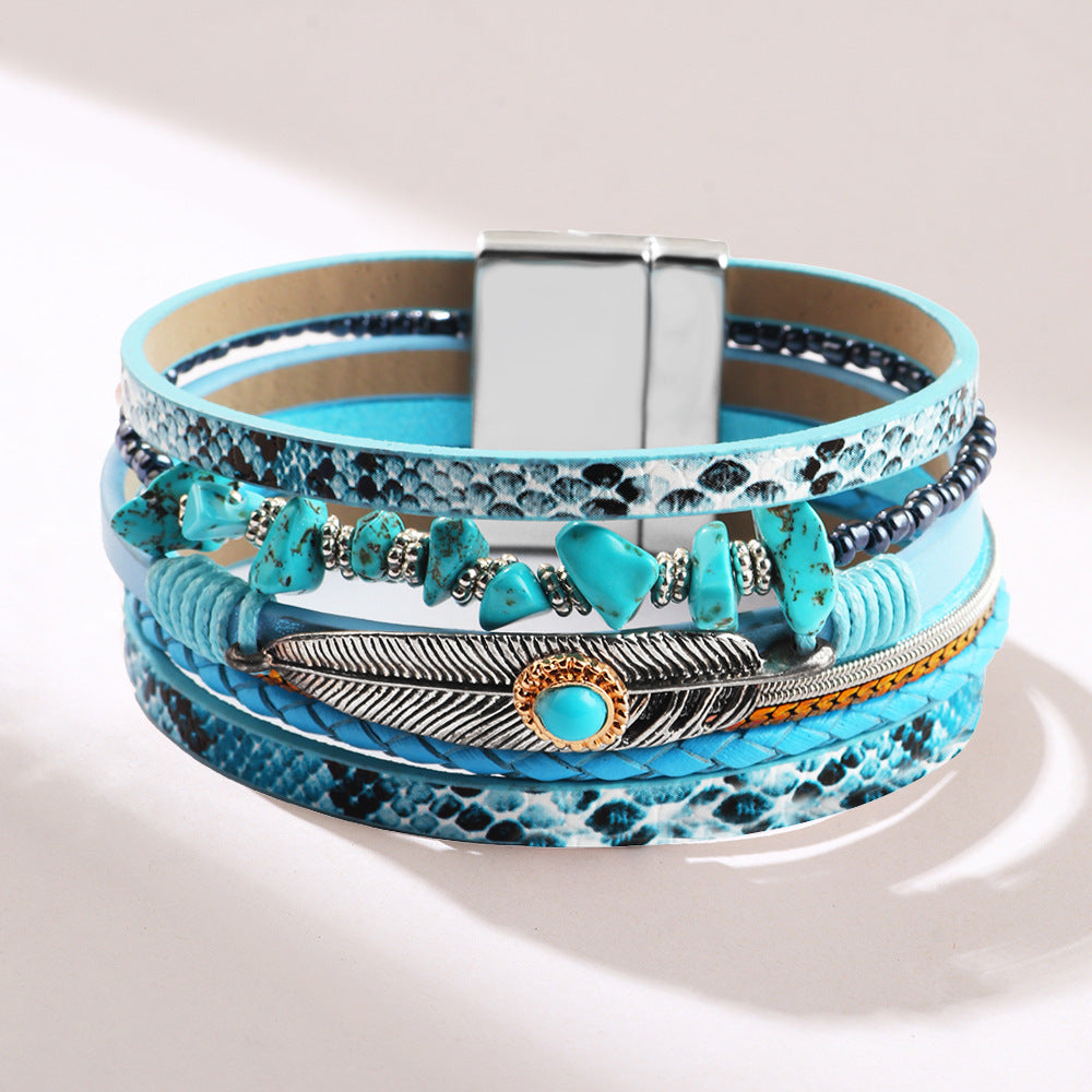 Women's Vintage Feather Trendy Unique Turquoise Gravel Bracelets