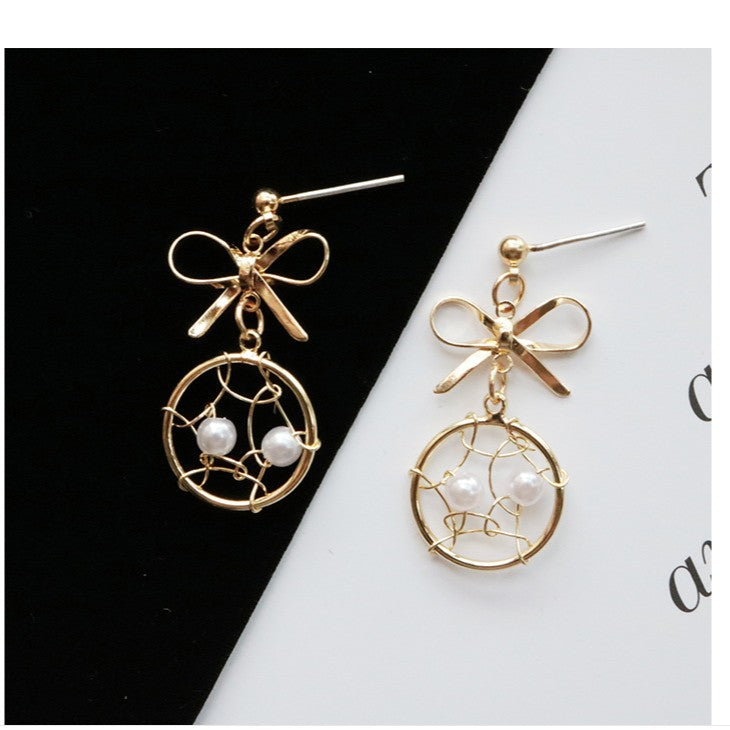 Sier Needle Dream Catcher Super Fairy Temperament Bow Earrings