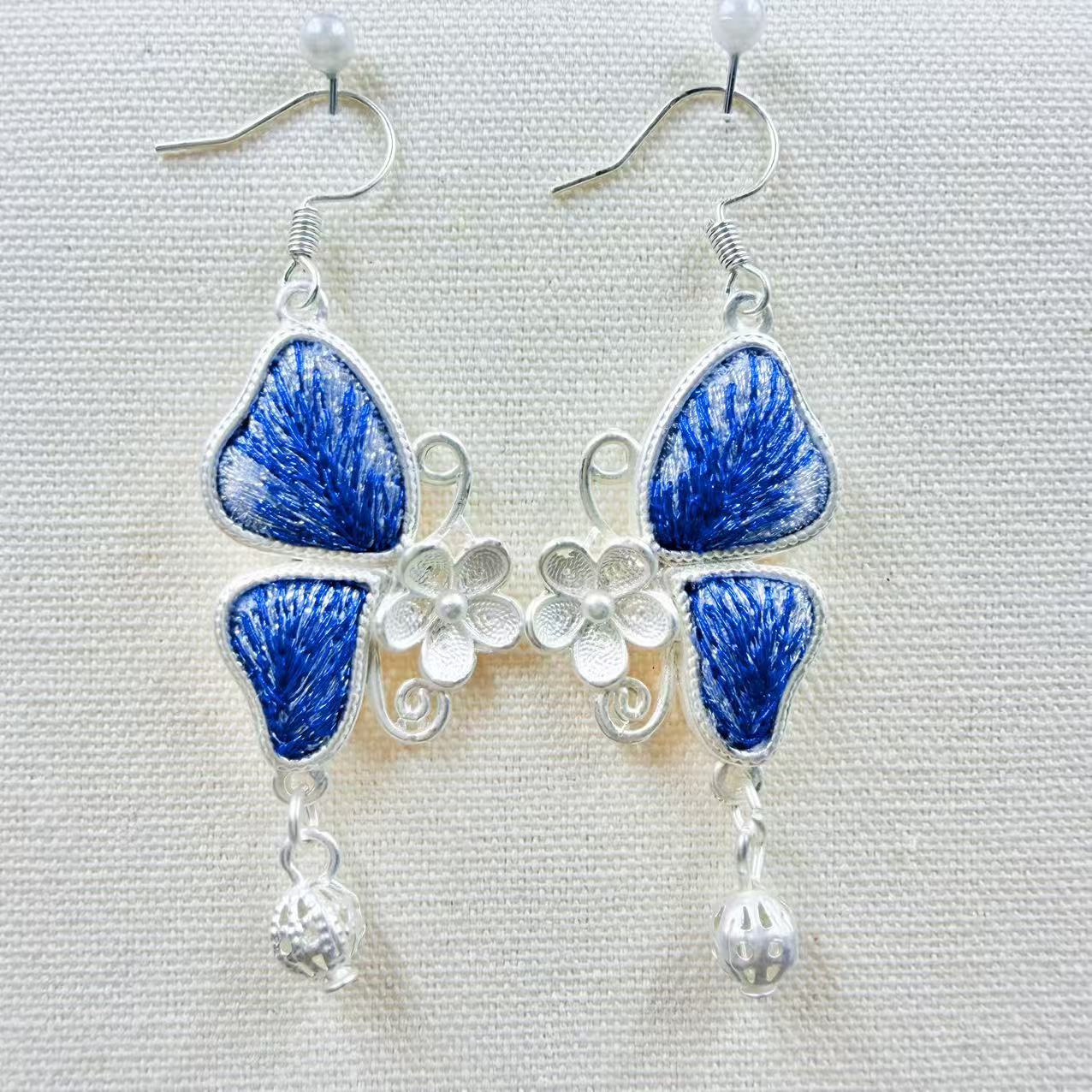 Sier Embroidered Handmade Blue Dyed Butterfly Rings