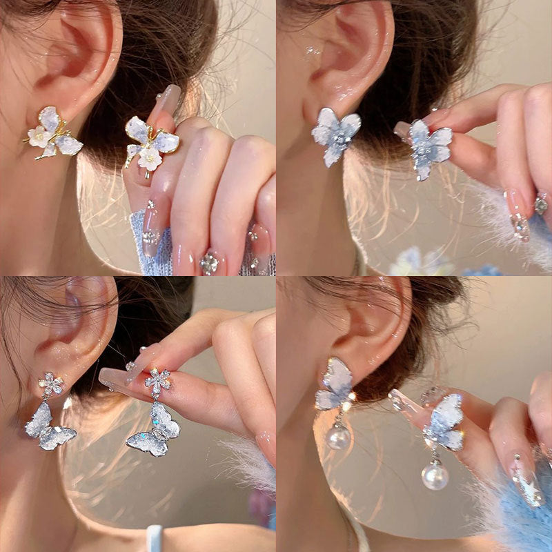 Blue Crystal Butterfly Flower Fashion Simple Fresh Light Luxury High Earrings