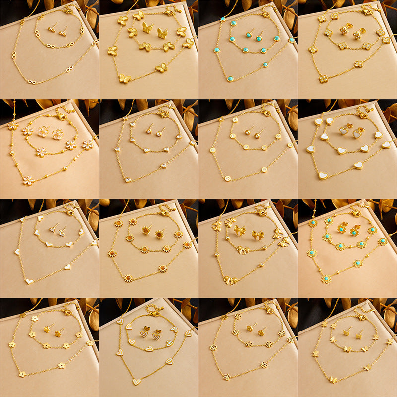 Exquisite Gold-plated Stainless Steel Love Pearl Flower Butterfly Jewelry Set
