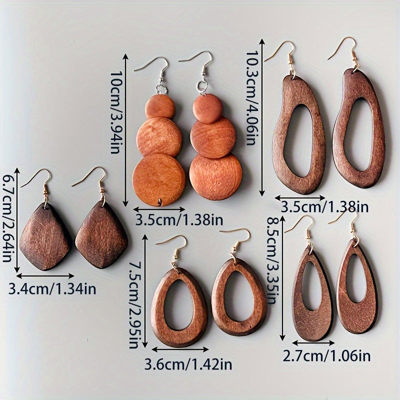 Women's Pairs Solid Wood Geometric Modeling Retro Design Exaggerated Earrings