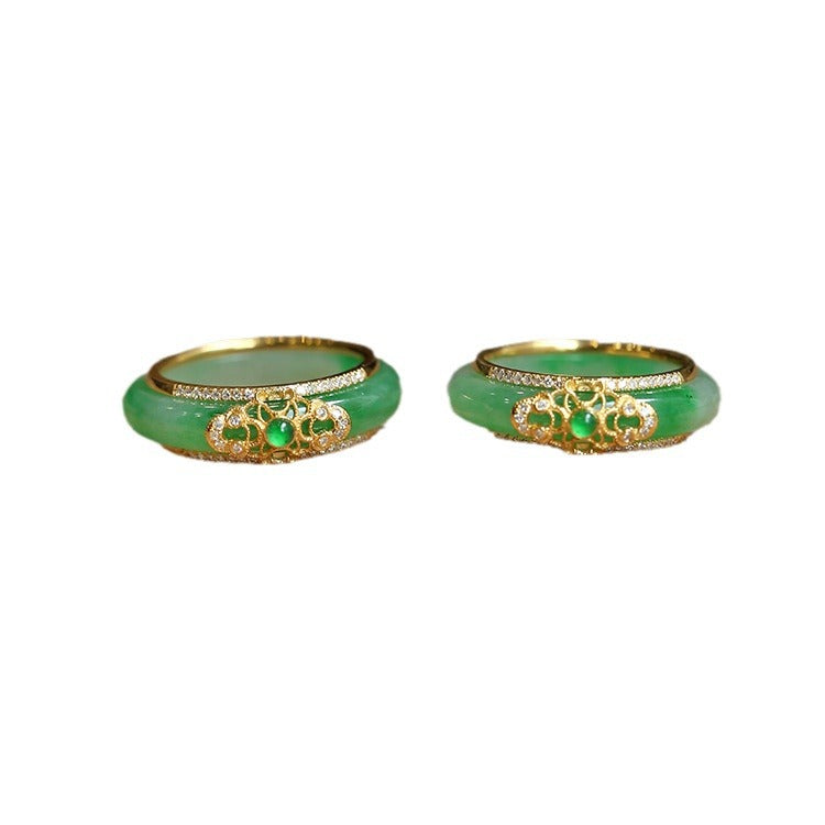 Women's Green Jade High-grade Sier Chalcedony Adjustable Ring