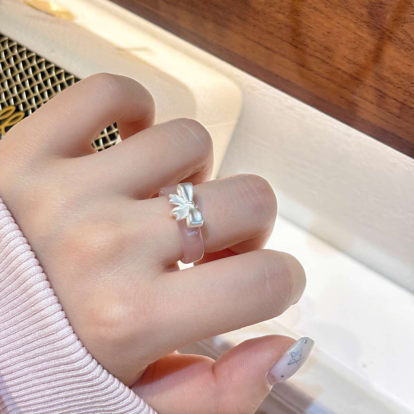 Sweet Sier Bow Chalcedony Female Niche Personality Stylish Ring
