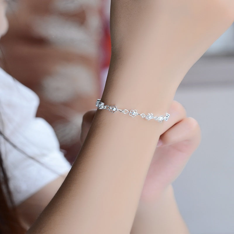 Sier Small Hollow Plum Flower Sier-plated Handmade Frosted Beads Bracelet