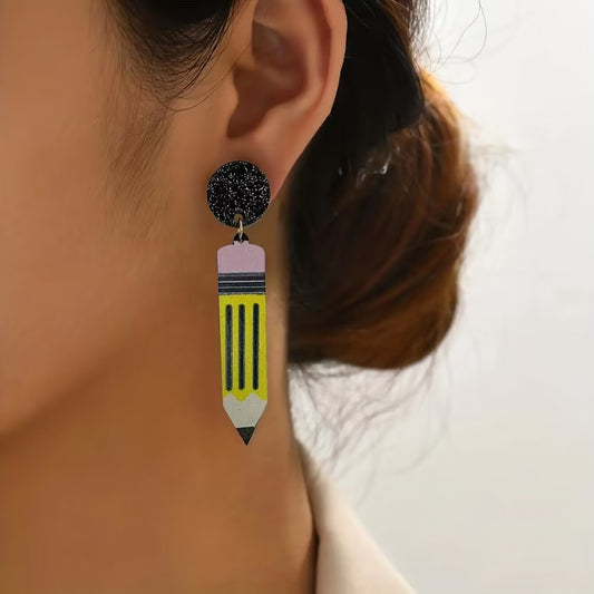 Quirky Cartoon Yellow Pencil Eardrops Face Slimming Personalized Temperamental Long Earrings