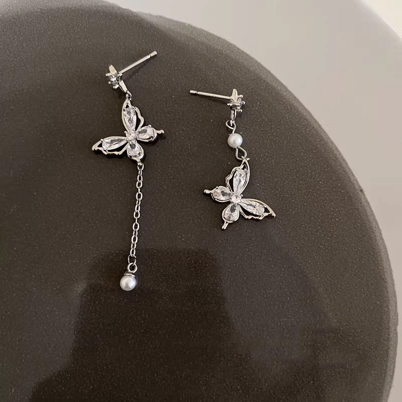 Women's Zircon Pearl Tassel Asymmetric Eardrops Light Luxury Earrings