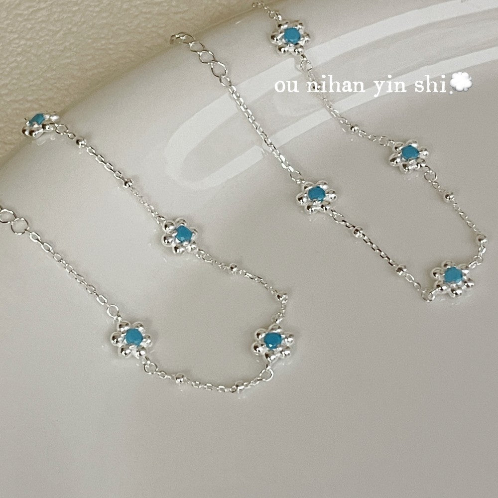 Oni Korean Sier Blue Turquoise Flower Sweet Refined Simple Bracelet