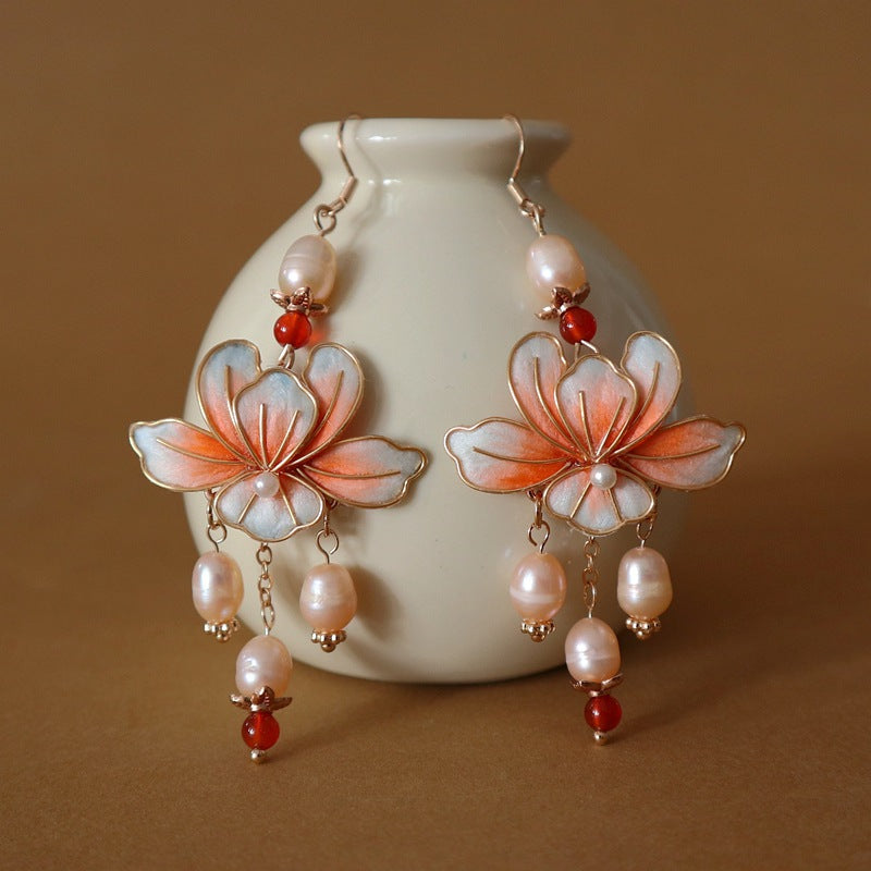 Gradient Color Veet Flower Chinese Style Skirt Petals Fresh Water Earrings
