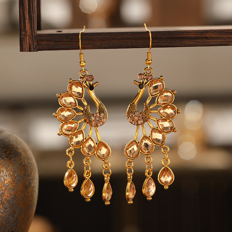 Retro Peacock Ethnic Style Hollow Personalized Dark Green Diamond Metal Earrings