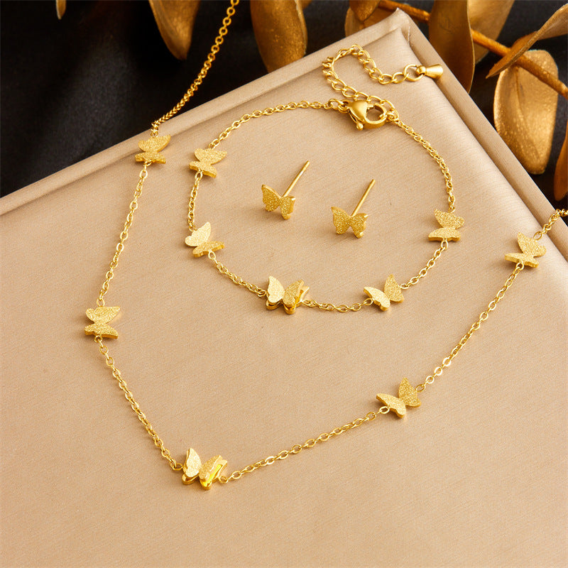 Exquisite Gold-plated Stainless Steel Love Pearl Flower Butterfly Jewelry Set