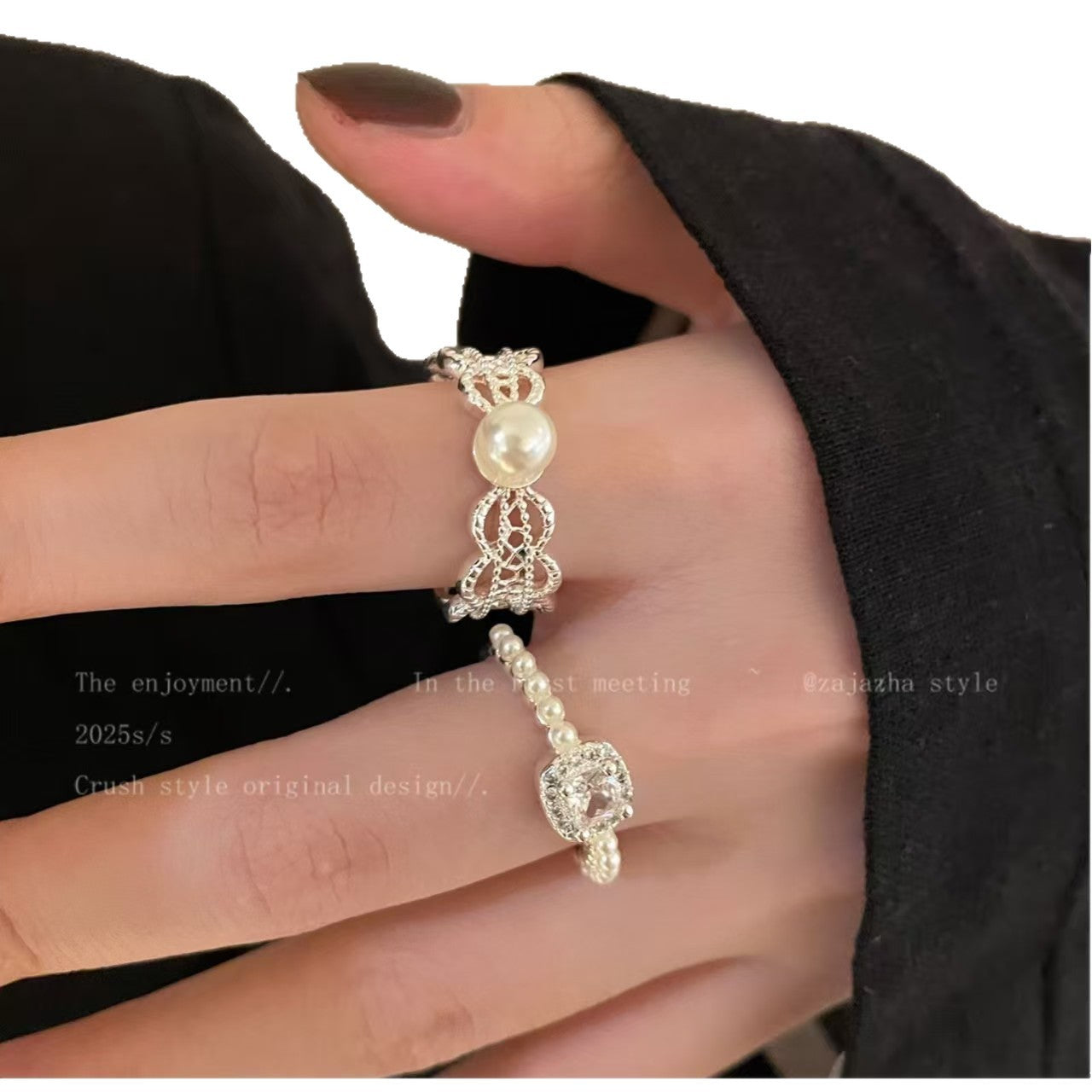 Pearl Zircon Female Design Open Adjustable Rings