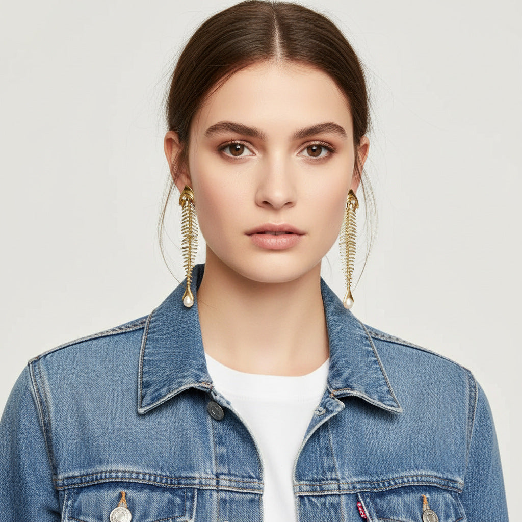 Long Alloy Fishbone Stitching Imitation Pearl Eardrops Design Sense Marine Rings