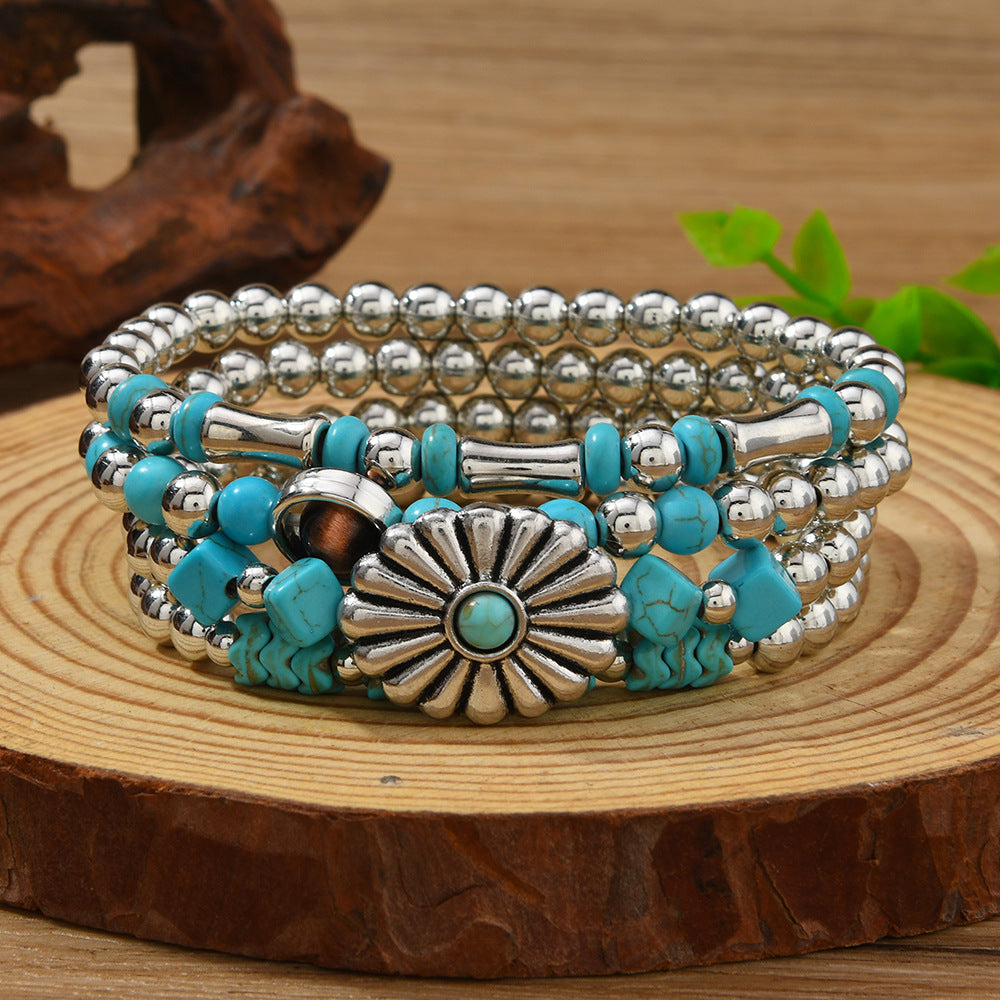 Women's Turquoise Handmade Beaded Bull Head Cowboy Hat Match Bracelet
