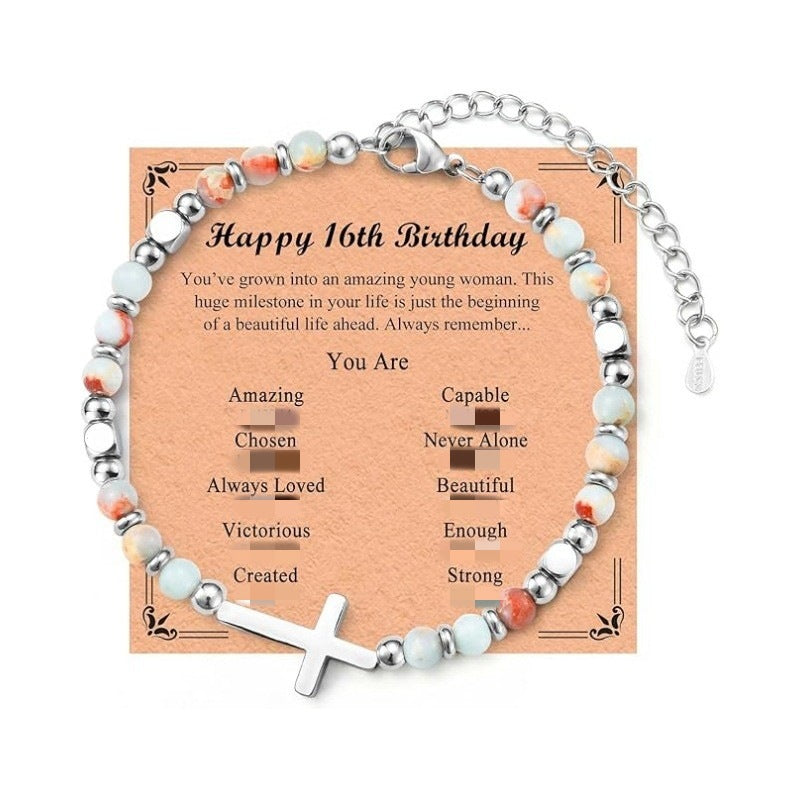 Women's Natural Stone Beaded Cross Lobster Buckle Adjustable Band Bracelet
