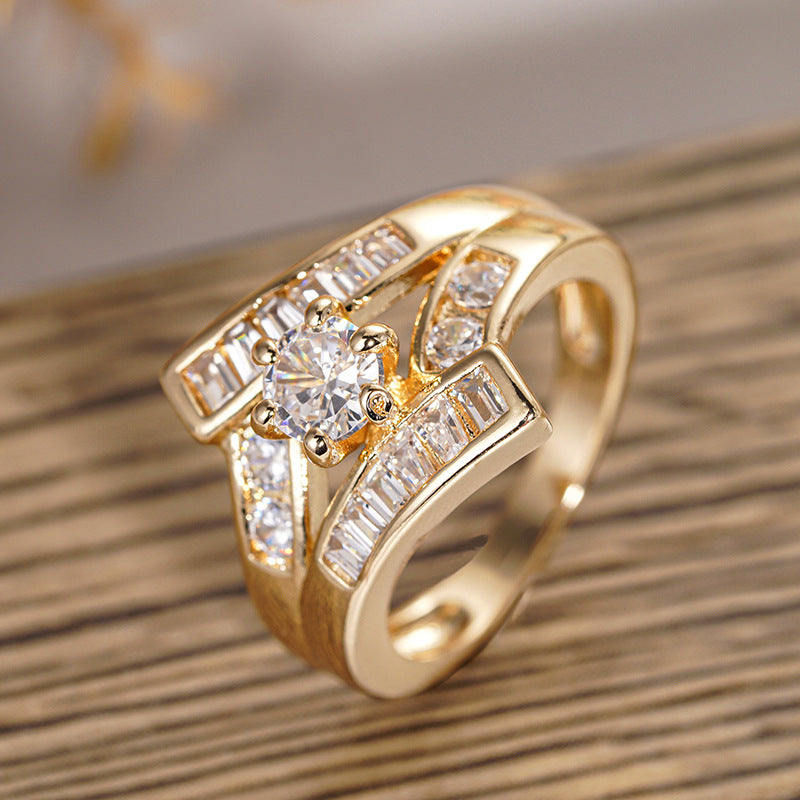 Shi Trendy Irregular Female Geometric Inlaid Round Zircon Live Ring