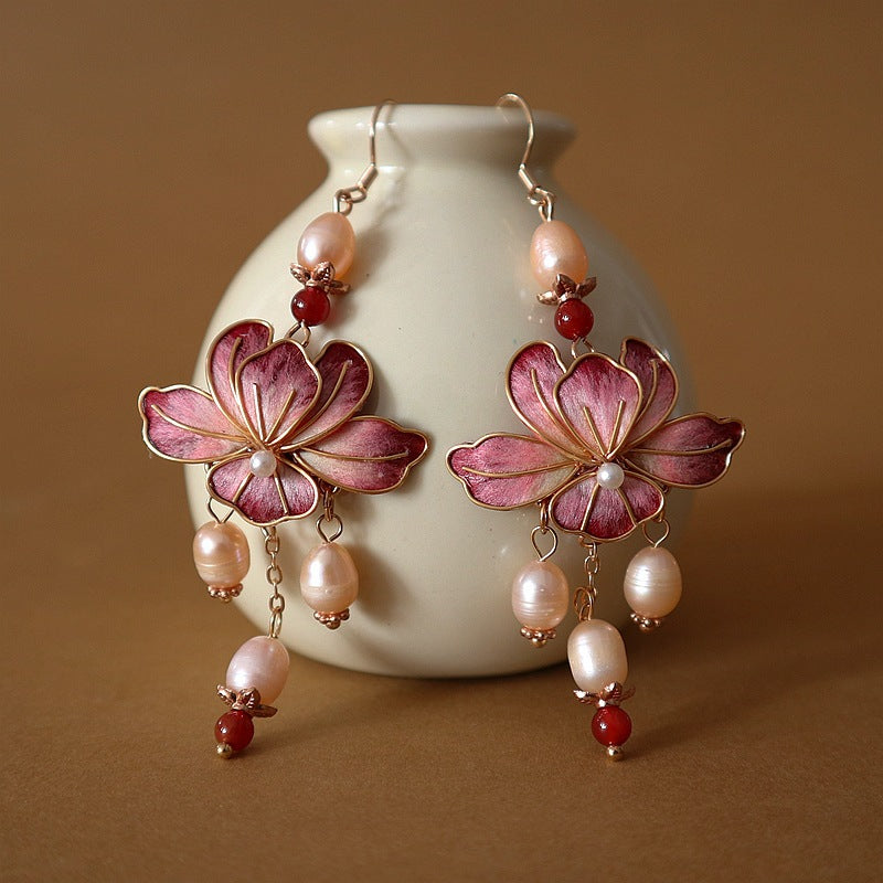 Gradient Color Veet Flower Chinese Style Skirt Petals Fresh Water Earrings