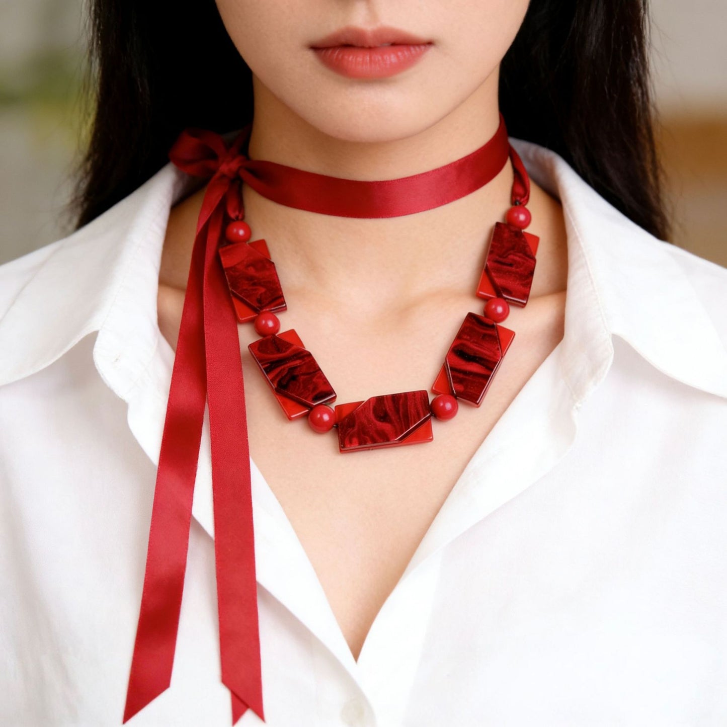 Women's Purple Acrylic Ribbon Short Beads Of Silk Necklace