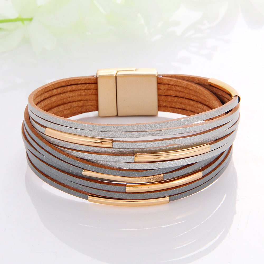 Women's Wide Brim Magnetic Snap Leather Fashion Bracelets