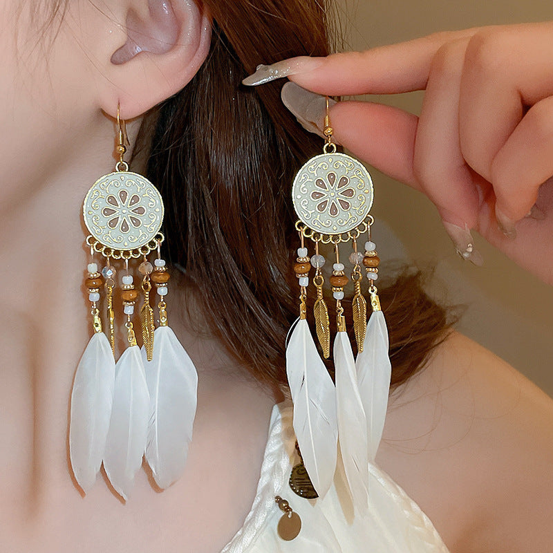 Feather Bead Tassel Niche Retro Vacation Earrings