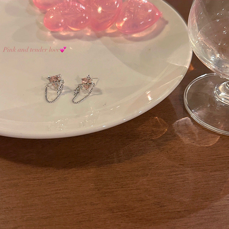 Needle Pink Love Heart Niche Design Advanced Cold Style Female Stud Earrings