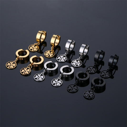 Men's Steel Trendy Ear Clip Color Cold Wind Round Heart Grass Earrings