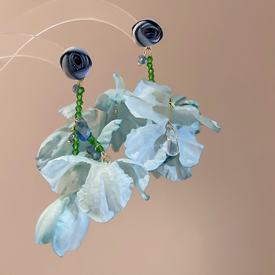 Women's Fresh Blue Fabric Flower Tassel Seaside Vacation Style Light Stud Earrings