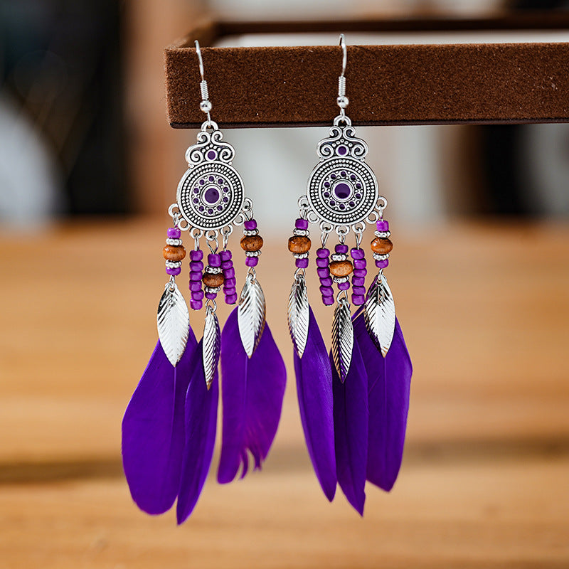 Feather Round Drop Oil Craft Retro Ethnic Earrings