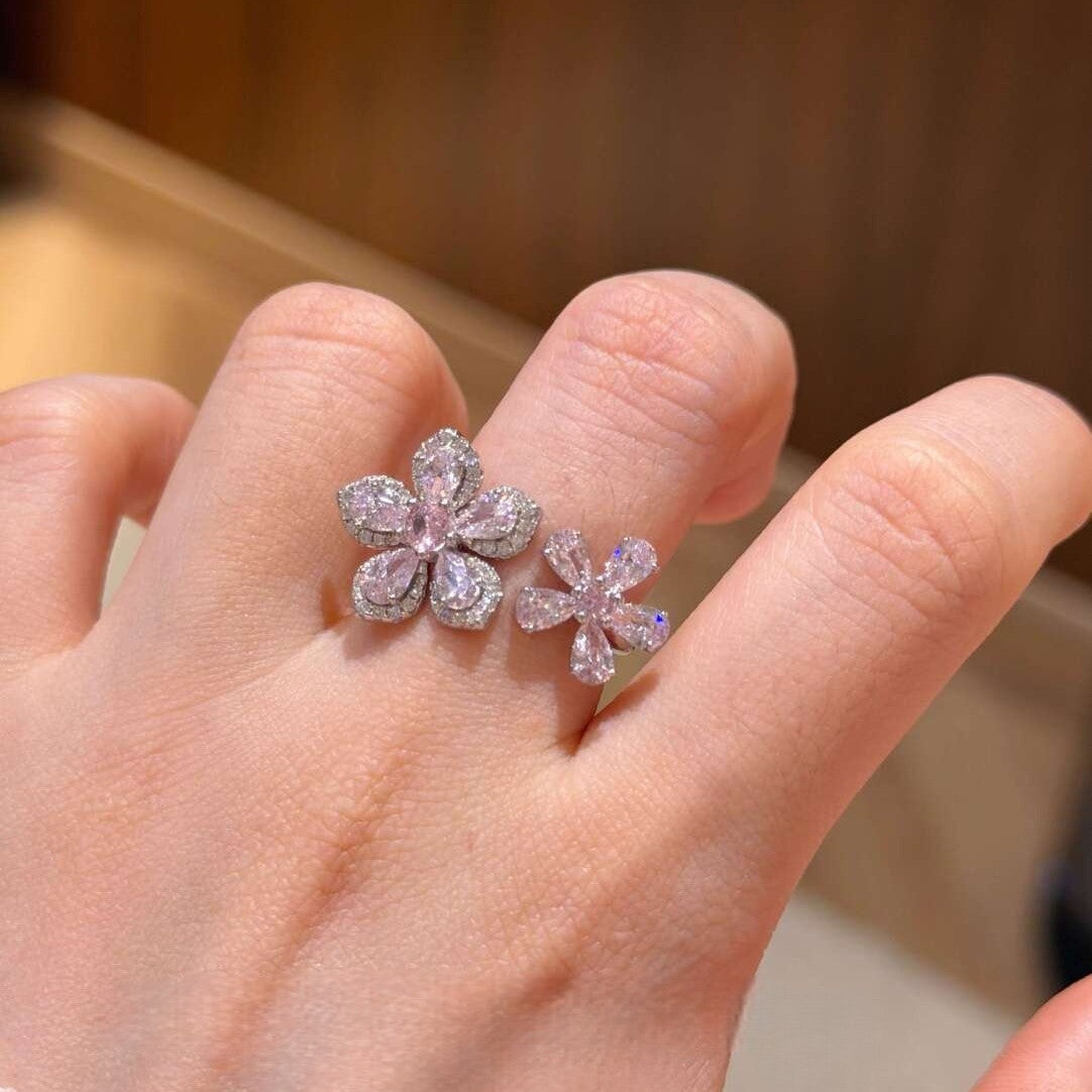 Women's Light Luxury High-grade Spring Cherry Blossom Pink Diamond Double Ring