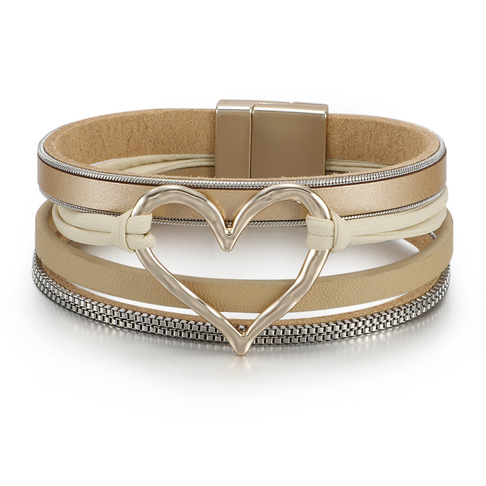 Women's Bohemian Style Leather Heart Fashion Magnetic Bracelet