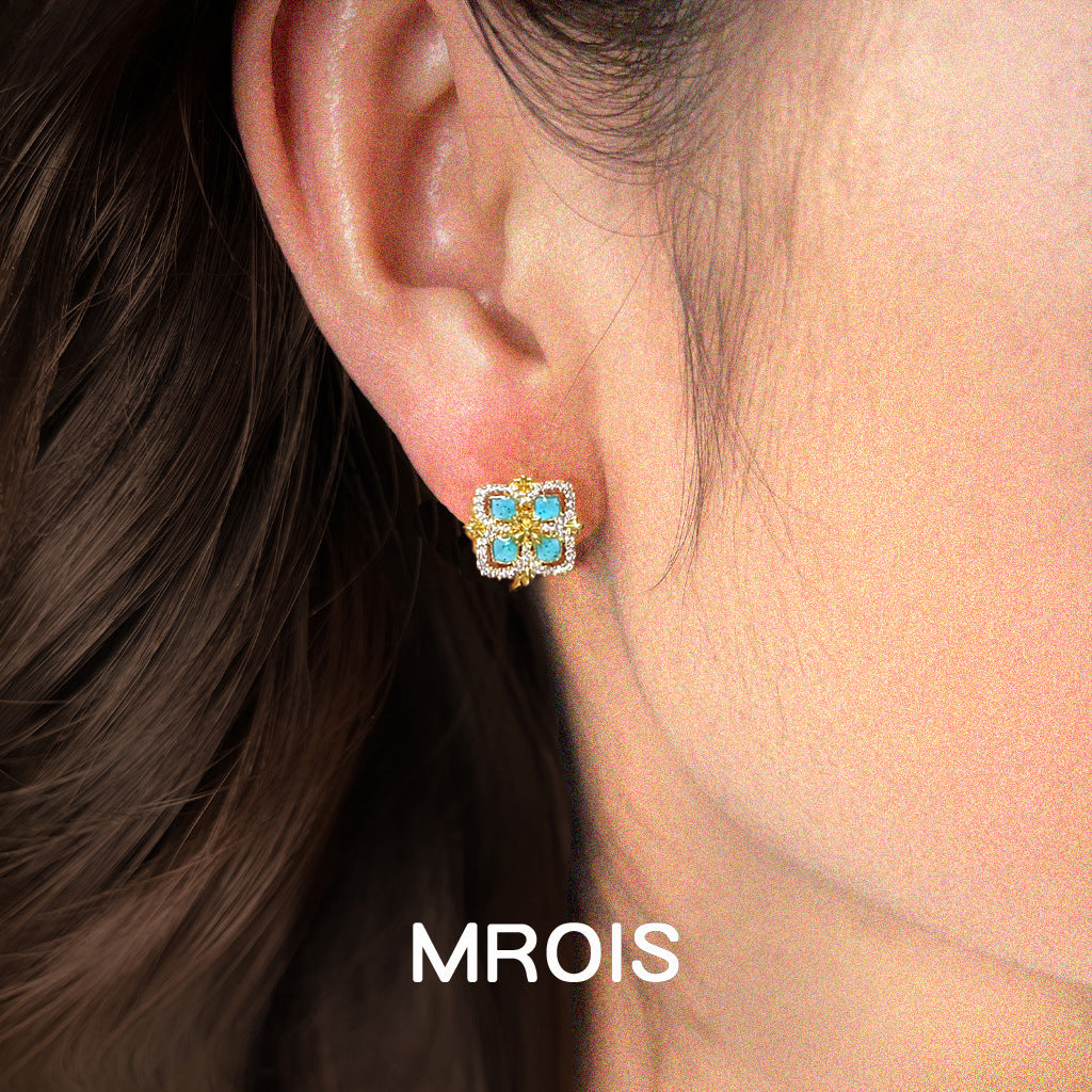 Drip Glazed Square Hollow Zircon Geometric Light Luxury French Stud Earrings