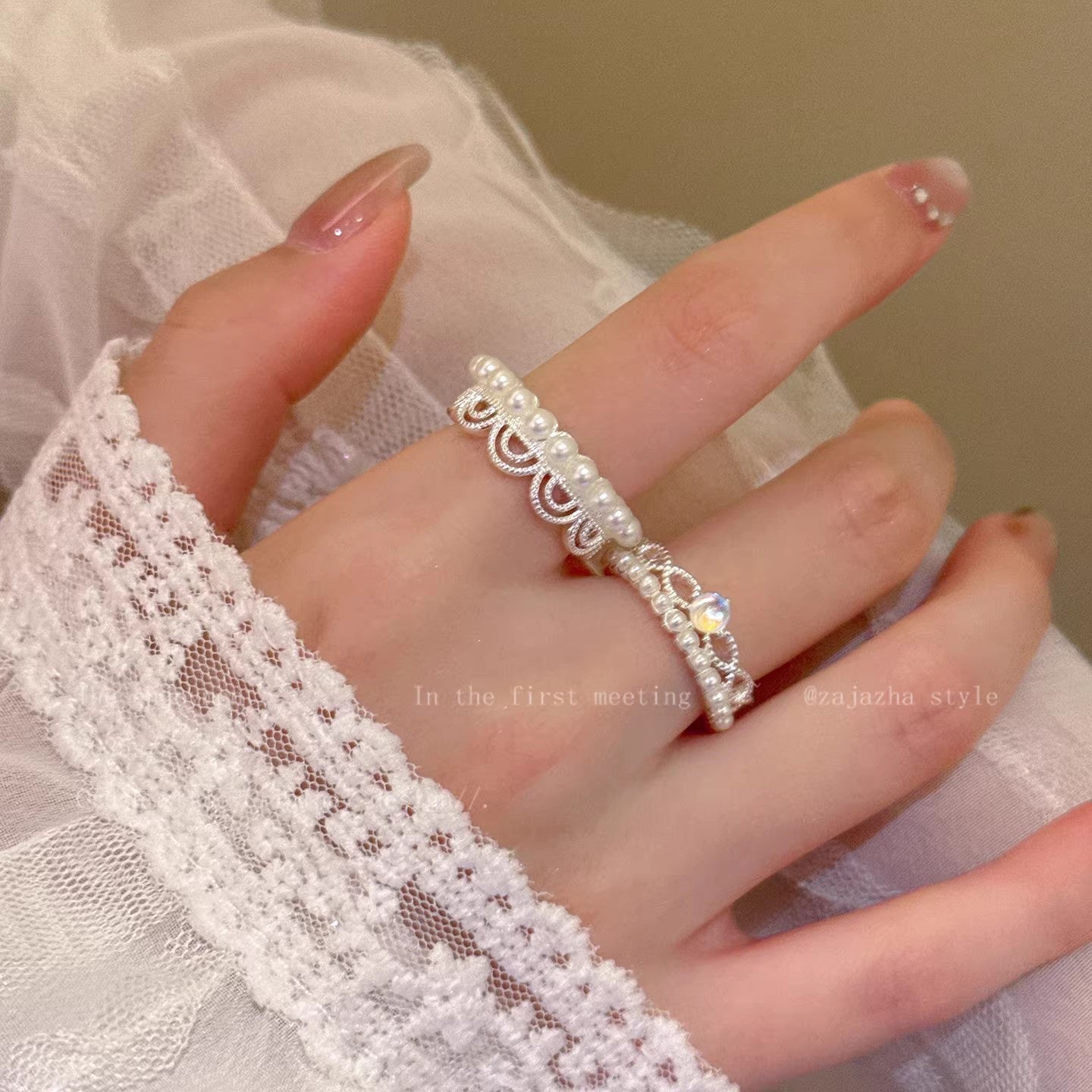 Women's Pearl Lace Open Exquisite Twin Fashion Minority Design Index Ring