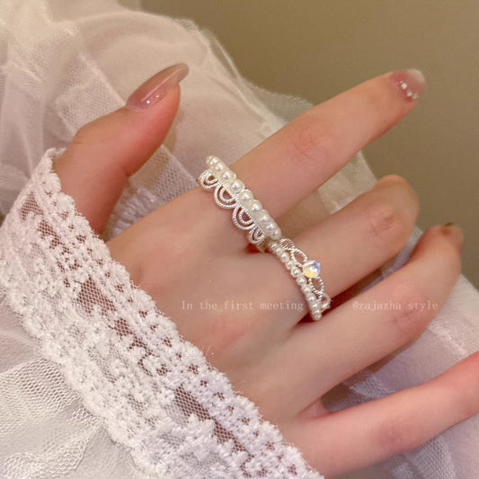 Women's Pearl Lace Open Exquisite Twin Fashion Minority Design Index Ring