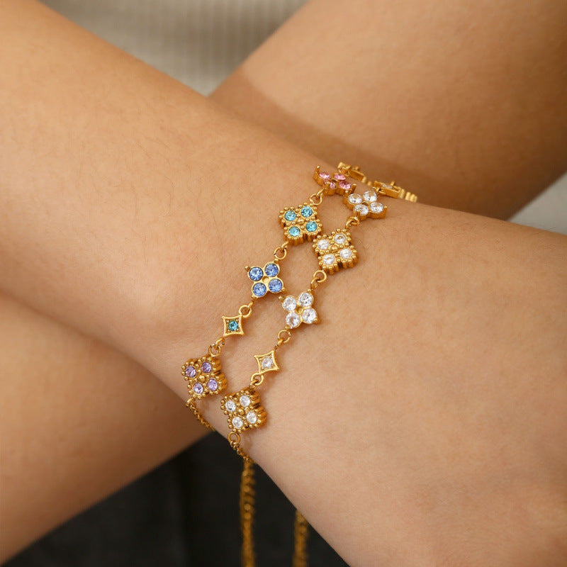 Sweet Diamond Mounted Colorful Lucky Four-leaf Flower Female Minority Simple Bracelet