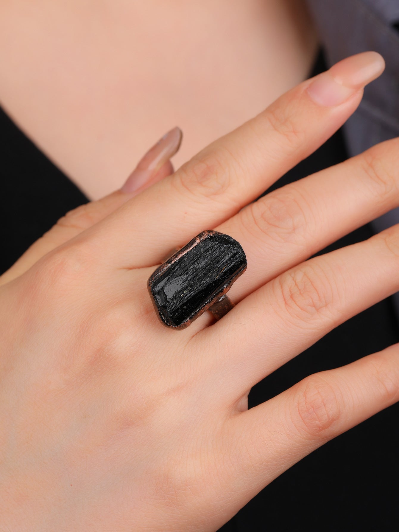 Retro Style Natural Black Tourmaline Unshaped Opening Bronze Electroplating Ring