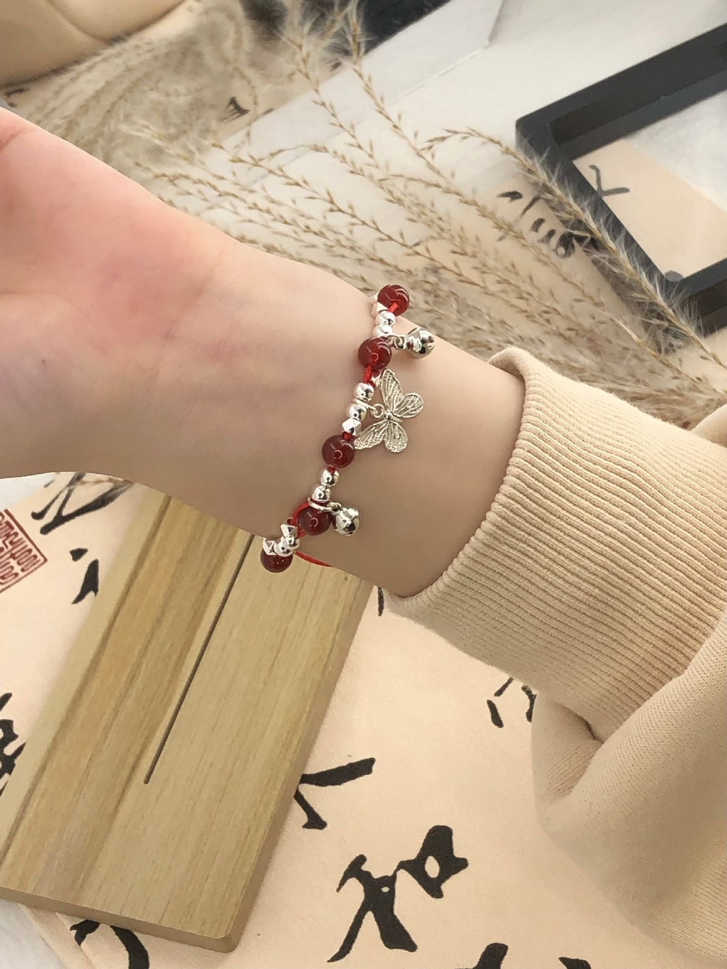 Red Agate Sier Butterfly Bell Female Rope Braid Good Luck Bracelet