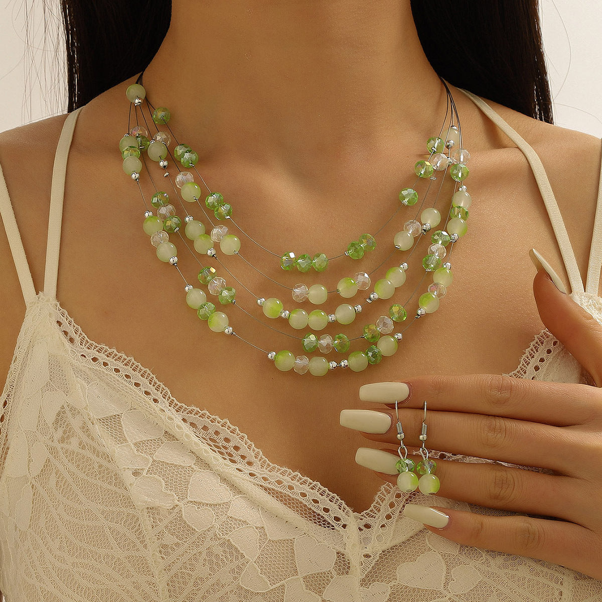 Women's Fashion Style Korean Love Pink Beaded Simple Graceful Jewelry Set