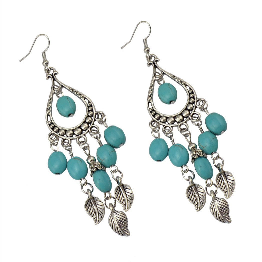 Ethnic Style Small Leaf Branch Tassel Turquoise Long Rings