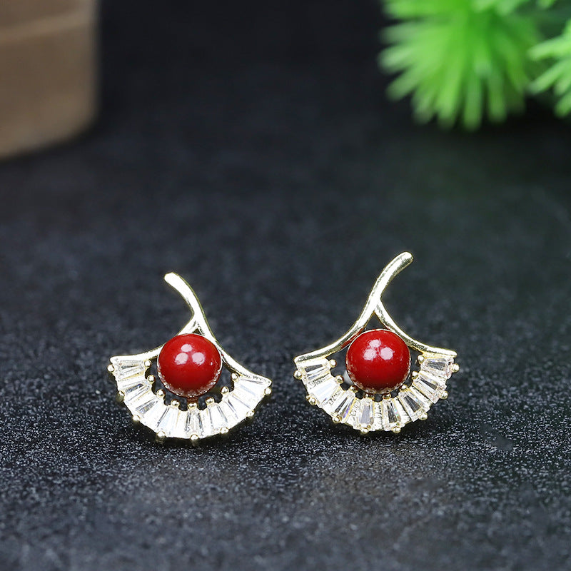 Purple Gold Sandstone Inlaid Ear Cherry Cinnabar Swan Female Earrings