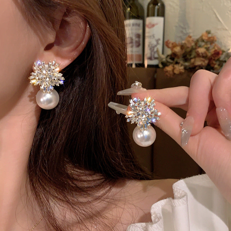 Sier Needle Zircon Pearl Advanced Fashion Bowknot Retro Earrings