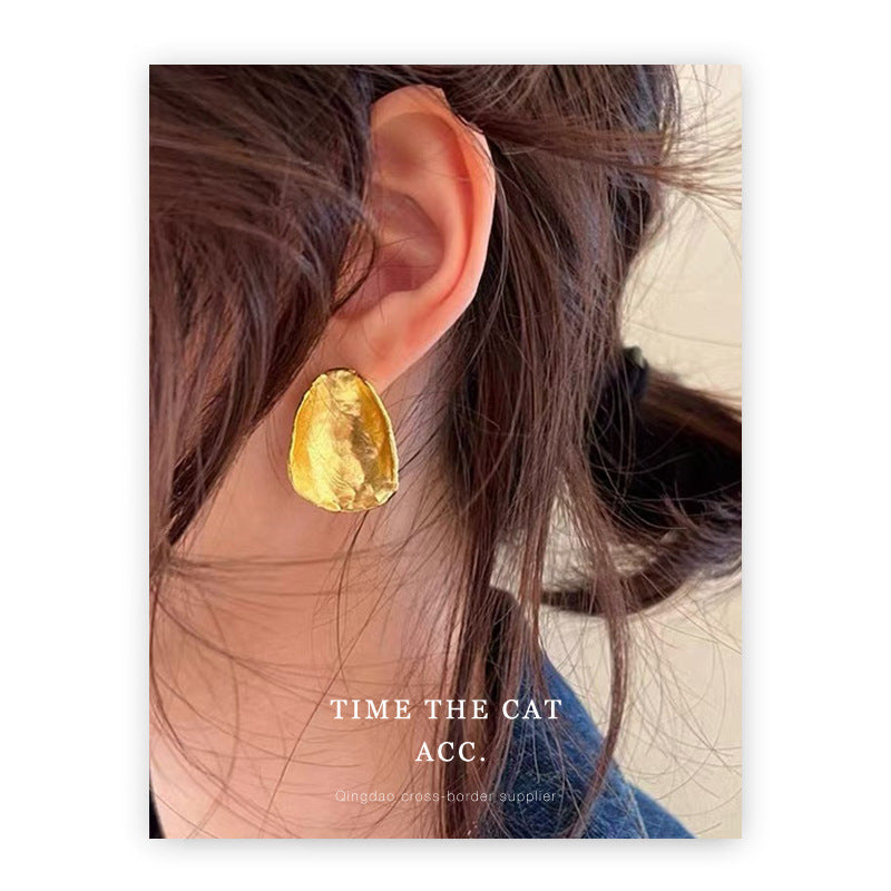 Needle Irregular Texture Round Copper Plated Real Gold Light Luxury Earrings