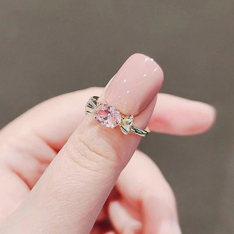 Cute Pink Candy Bow Female Light Luxury Minority Opening Adjustable Rings