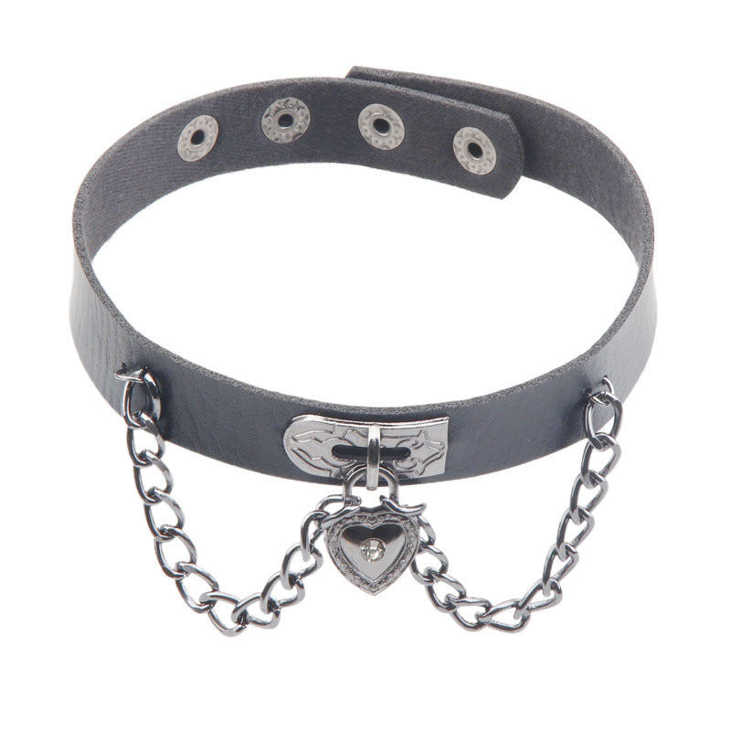 Dark Punk Heart Leather Chain Neck Band Peach Style Collar